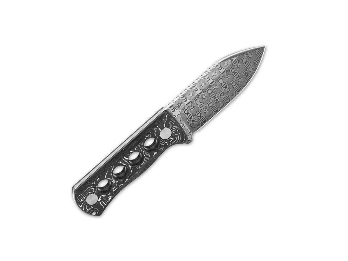 Dettaglio lama Damascus laminato QSP Canary 6,3 cm alluminio