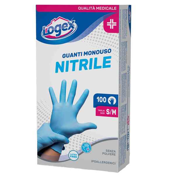 Guanti in nitrile non talcato - per uso medicale - taglia S/M - azzurro - Logex Professional - scatola 100 pezzi