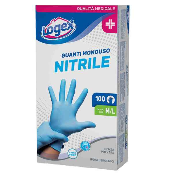 Guanti in nitrile non talcato - per uso medicale - taglia M/L - azzurro - Logex Professional - scatola 100 pezzi