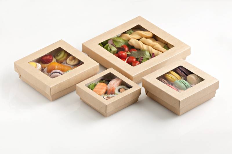 25 Scatola da asporto con finestra trasparente in carta kraft + PE - 14x14x5 cm - 1000 ml