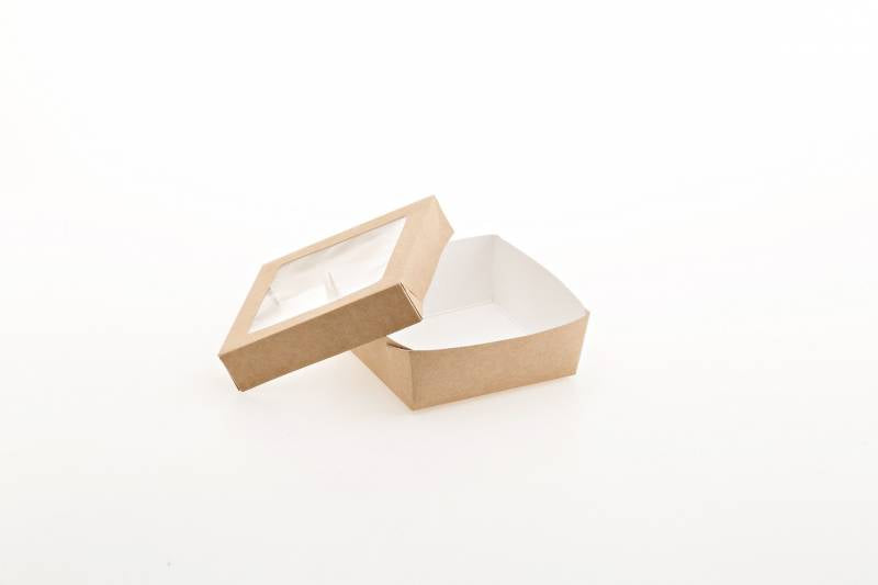 25 Scatola da asporto con finestra trasparente in carta kraft + PE - 14x14x5 cm - 1000 ml