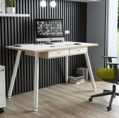 Postazione Home-Office - con sottopiano - gambe in metallo -120 x 60 x H 74,4 cm - bianco / rovere