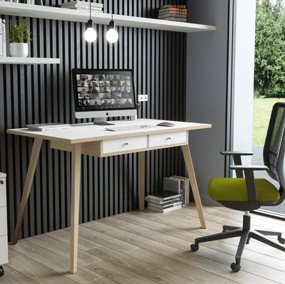 Postazione Home-Office - con sottopiano - gambe in legno -120 x 60 x H 74,4 cm - bianco / rovere