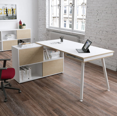 Workstation Midi - gambe in metallo - 130 x 120 x H 81,5 cm - bianco / rovere
