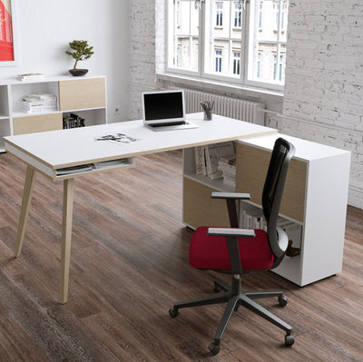 Workstation Midi - gambe in legno - 130 x 120 x H 81,5 cm - bianco / rovere