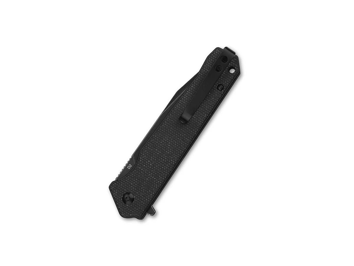 Vista manico micarta nera coltello QSP Mamba V2 con clip