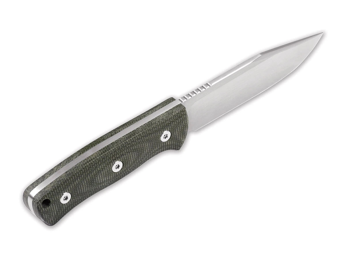 Dettaglio lama D2 clip point full-tang QSP Bison micarta verde