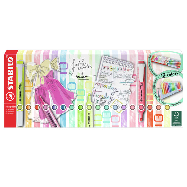 Evidenziatore Swing Cool Pastel - punta a scalpello - tratto 1 - 4 mm - colori assortiti - Stabilo - deskset 18 pezzi