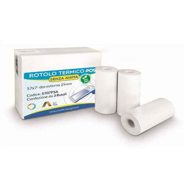 Rotolo per POS e carta di credito - 57 mm x 7 m - 55 gr - diametro esterno 25 mm - senza anima - carta termica BPA free - Rotolificio Pugliese - blister 3 pezzi