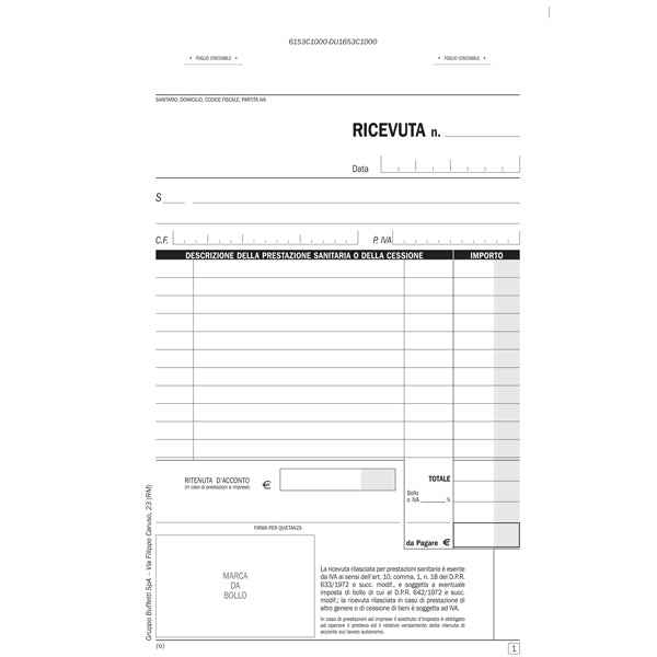 Blocco ricevute sanitarie numerate - 100/2 copie autoricalcanti - 21,5x14,8cm - DU1653C1000 - Data Ufficio