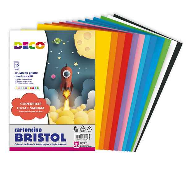 Cartoncino Bristol - 50 x 70 cm - 200 gr - colori assortiti - 15 fogli - Deco
