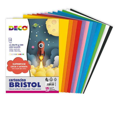 Cartoncino Bristol - 50 x 70 cm - 200 gr - colori assortiti - 15 fogli - Deco