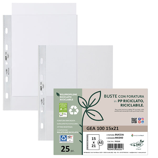 Buste forate Gea 100 - PP riciclato - buccia medium - 15 x 21 cm - Sei rota - conf. 25 pezzi