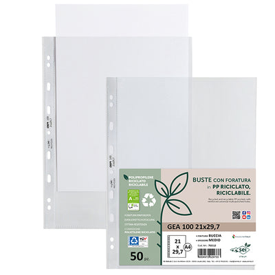 Buste forate Gea 100 - PP riciclato - buccia medium - 21 x 29,7 cm - Sei rota - conf. 50 pezzi