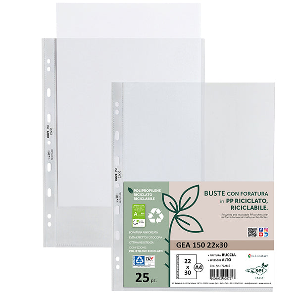 Buste forate Gea 150 - PP riciclato - buccia pesante - 22 x 30 cm - Sei rota - conf. 25 pezzi