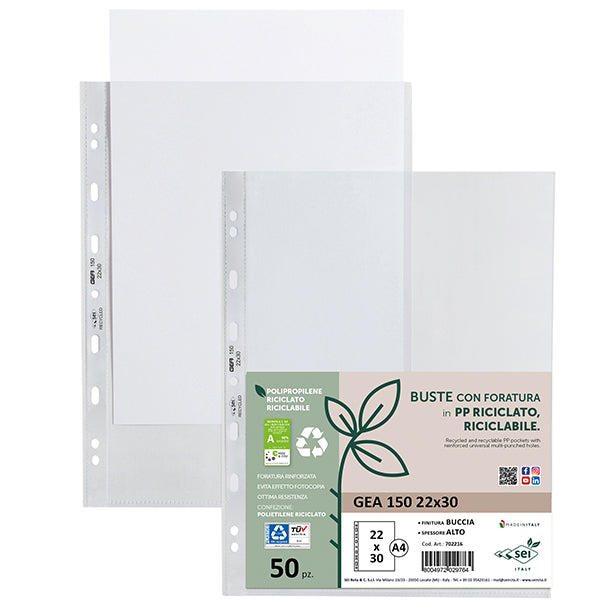Buste forate Gea 150 - PP riciclato - buccia pesante - 22 x 30 cm - Sei rota - conf. 50 pezzi