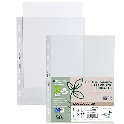 Buste forate Gea 150 - PP riciclato - buccia pesante - 22 x 30 cm - Sei rota - conf. 50 pezzi