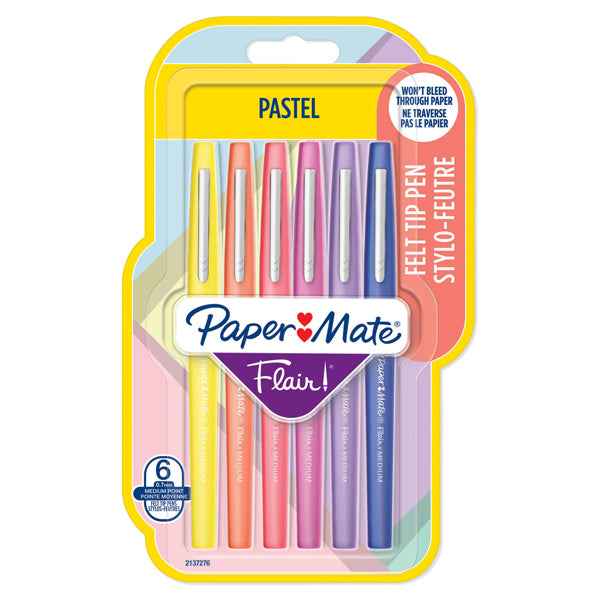 Pennarello Flair Nylon - punta feltro - 1,10mm - colori assortiti Pastel - Papermate - conf. 6 pezzi