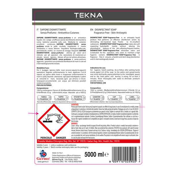 Sapone disinfettante - senza profumo - 5 lt - Tekna
