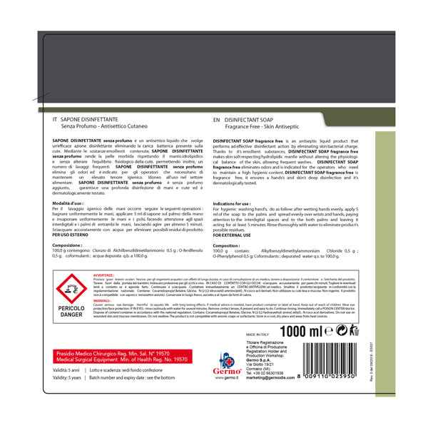 Sapone disinfettante - senza profumo - con dispenser - 1 L - Tekna
