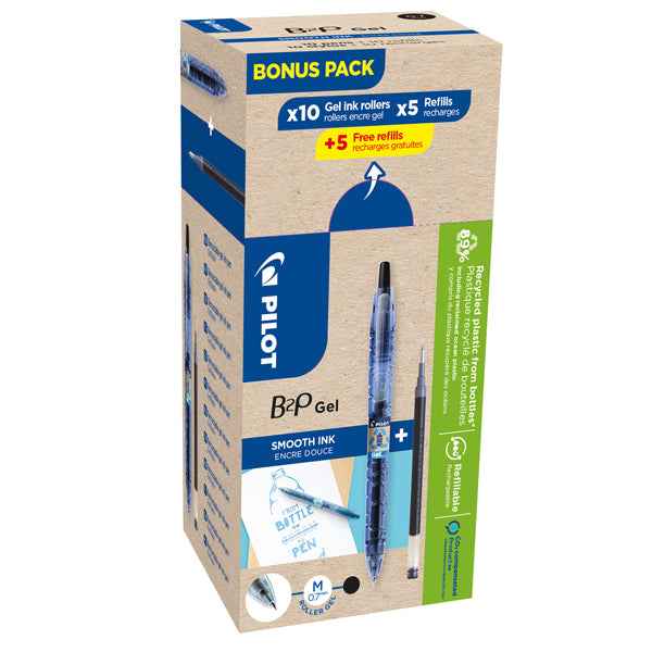 Roller gel B2P Ecoball BeGreen - punta 0,7 mm - 10 refill B2P inclusi - nero - Pilot - conf. 20 pezzi