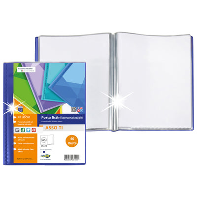 Portalistini Asso TI - personalizzabile - PP liscio - 15 x 21 cm - 40 buste -  blu - Sei Rota