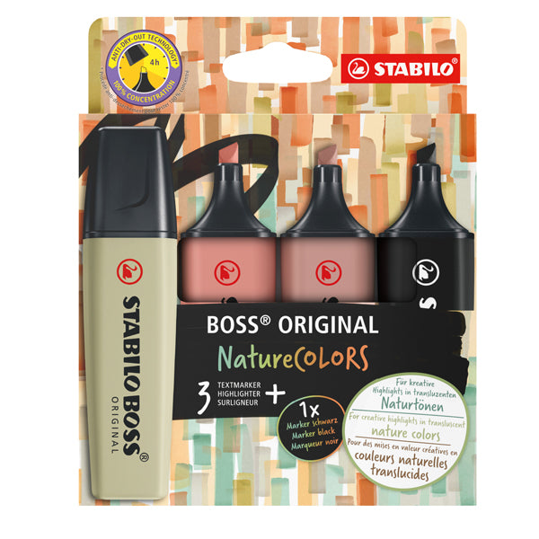 Evidenziatore Stabilo Boss NatureColors - tratto 2 + 5 mm - colori assortiti - Stabilo - astuccio 4 pezzi
