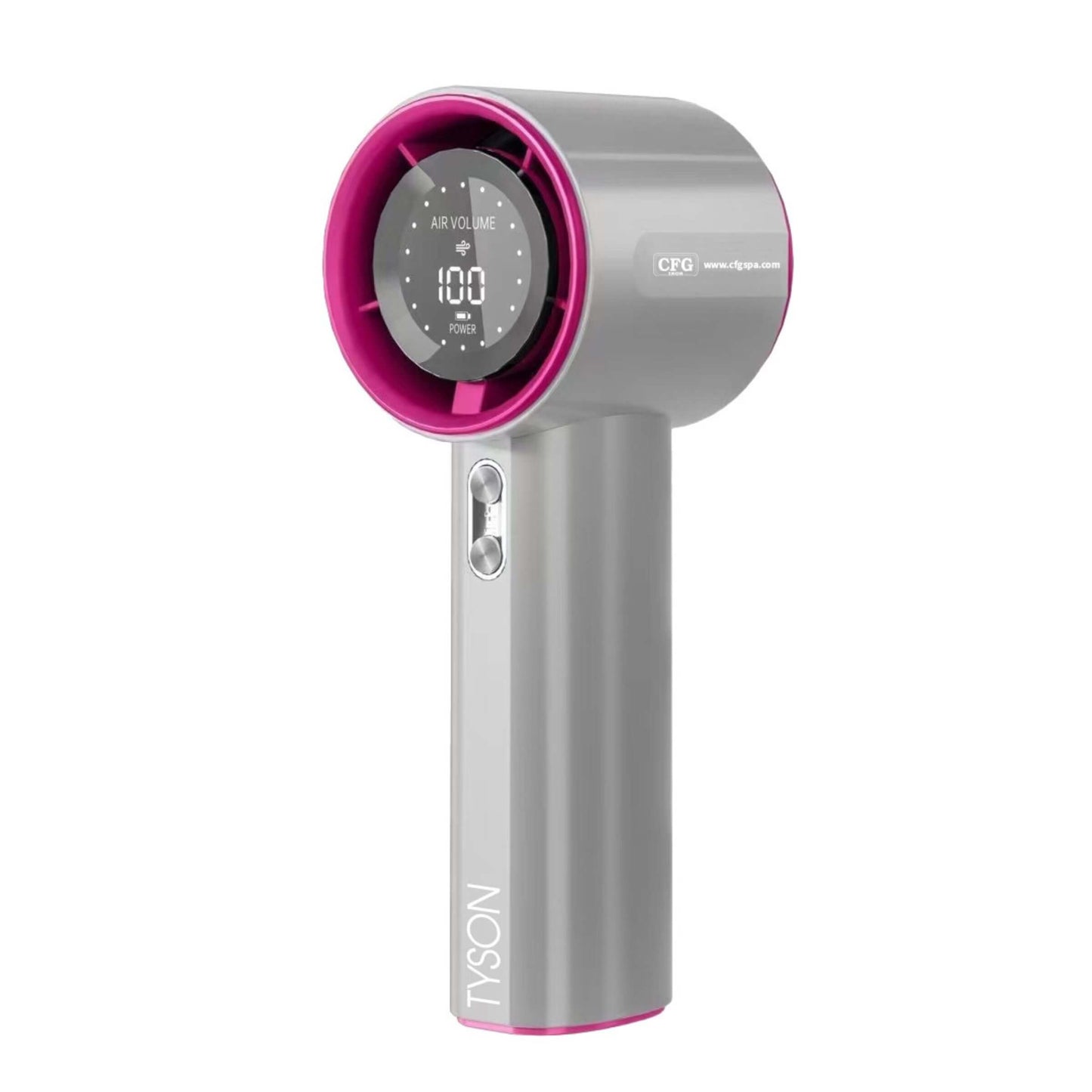 ventilatore portatile CFG Tyson ricaricabile USB C vista laterale display LED