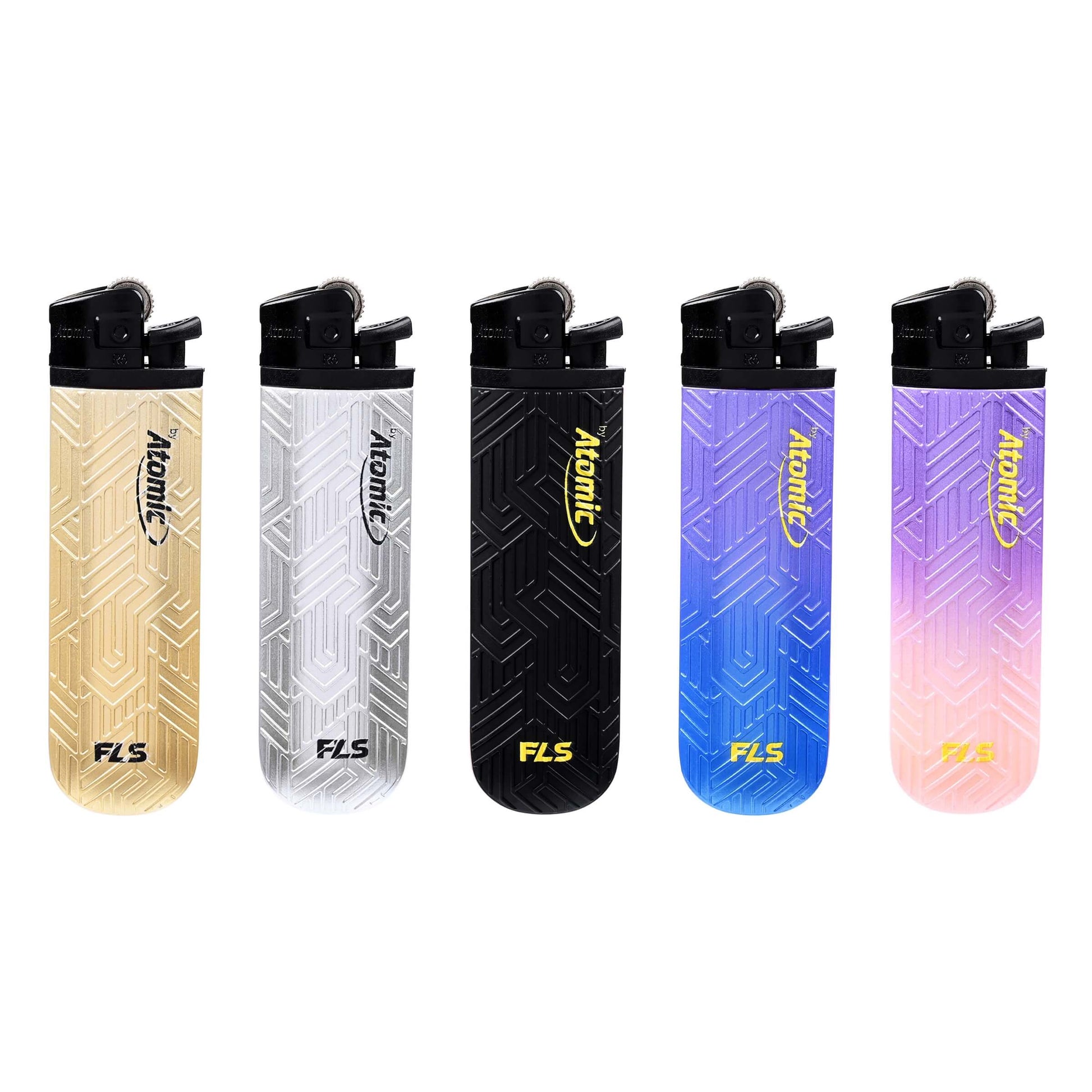 Accendini Atomic FLS a Pietrina Style Tech 25pz con finitura opaca e trama geometrica incisa