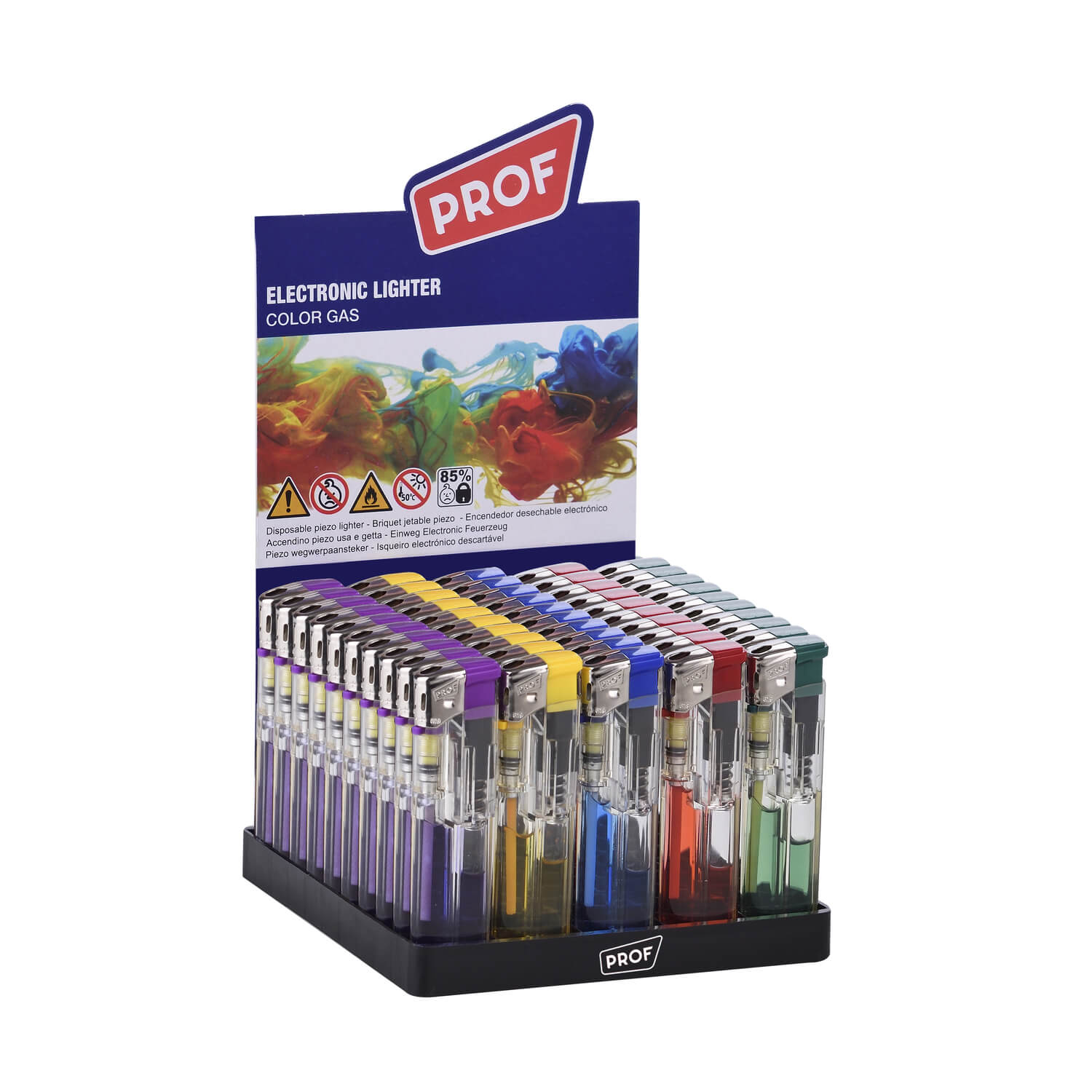 Espositore da 50 accendini Prof Color Gas Piezo con serbatoio gas colorato a vista