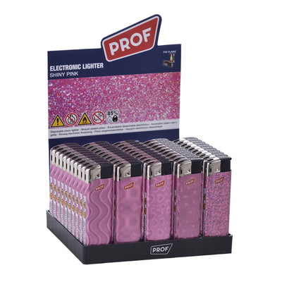 Espositore da 50 accendini Prof Shiny Pink Piezo con finitura lucida rosa e accensione piezo