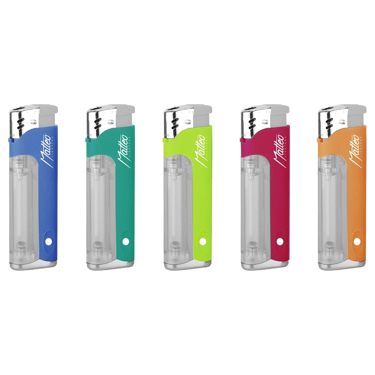 Accendini Piezo Matteo Trasparent Color 50pz con luce LED e corpo trasparente colorato