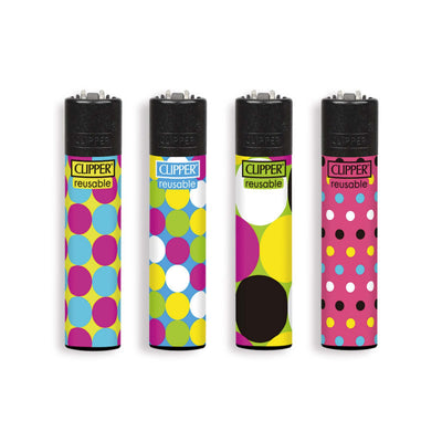 Accendini Clipper Large Polka Dots BW 48pz con quattro diverse grafiche a pois colorate