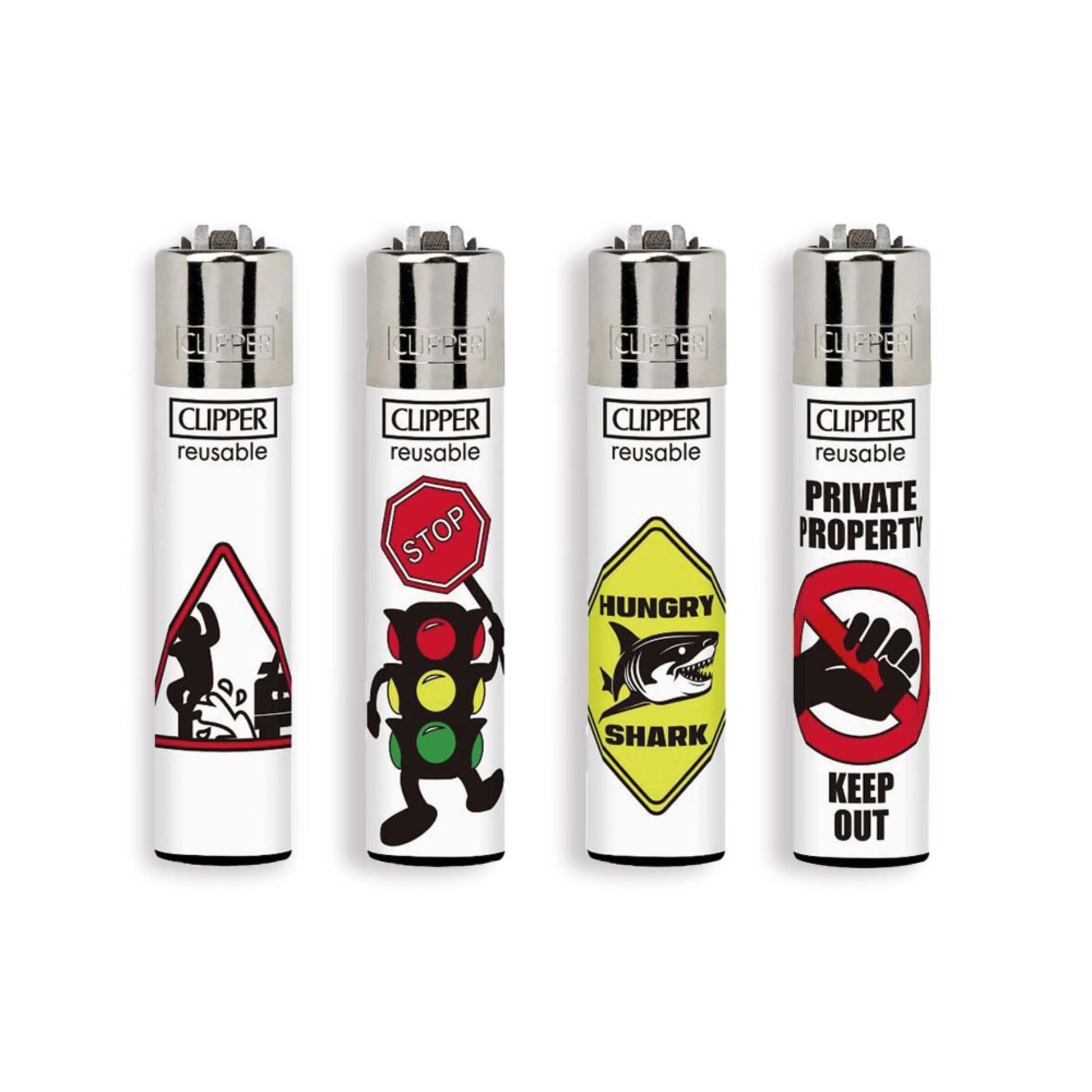 Accendini Clipper Large Forbidden Symbols 48pz con grafiche segnaletica di divieto ad alto contrasto