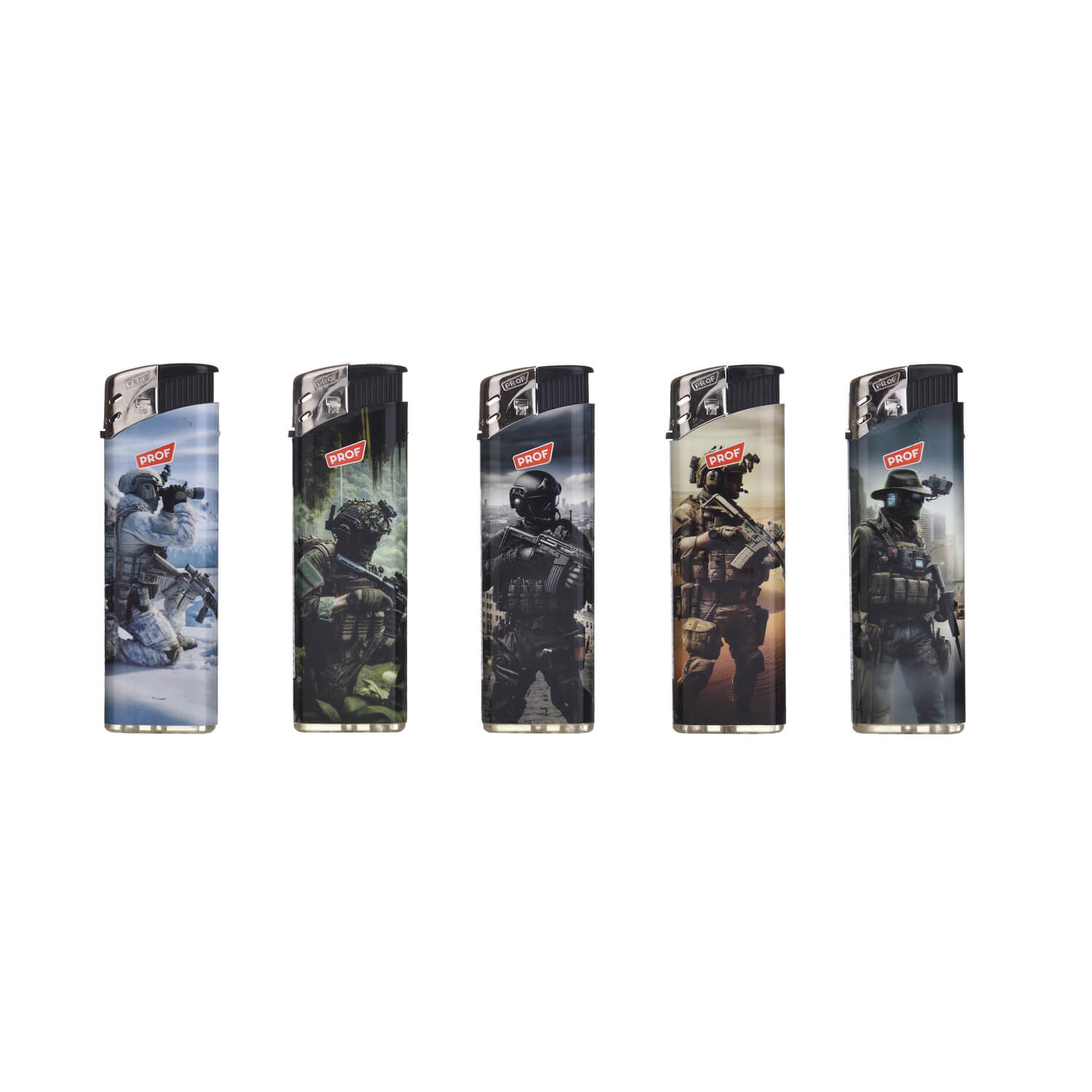 Espositore da 50 accendini Prof Soldiers con grafiche a tema militare e illustrazioni soldati