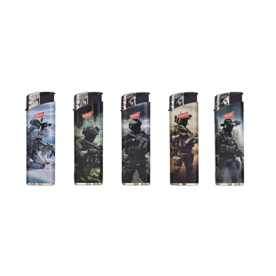 Espositore da 50 accendini Prof Soldiers con grafiche a tema militare e illustrazioni soldati