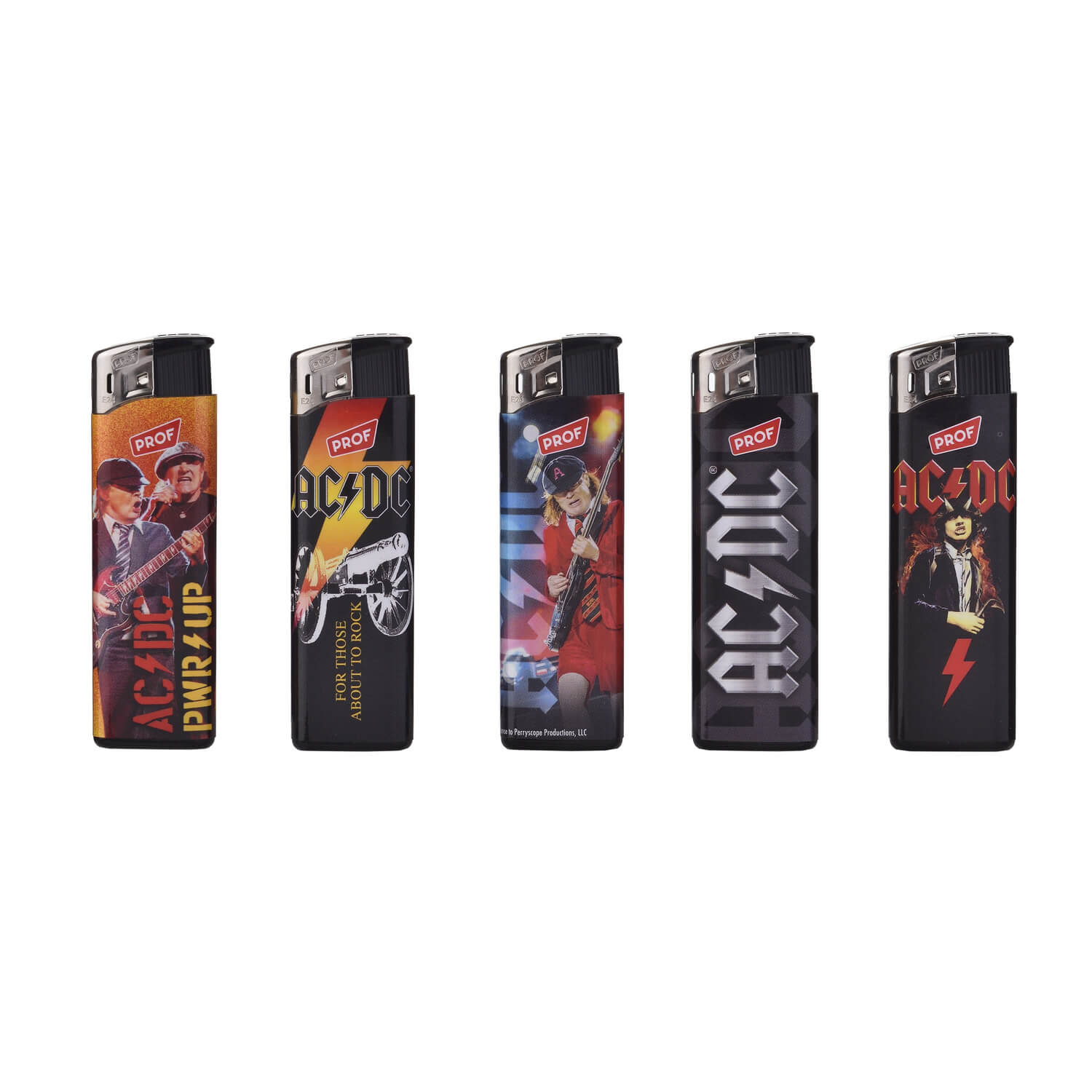 Espositore da 50 accendini Prof con grafiche AC/DC, accensione piezoelettrica e fiamma fissa