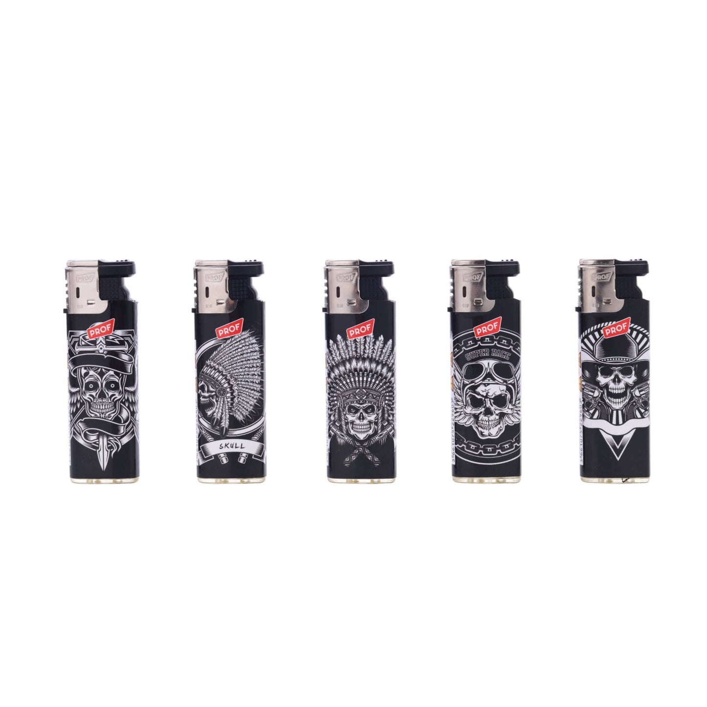 Espositore da 50 accendini Prof Turbo Skulls Family con grafiche teschi e fiamma turbo