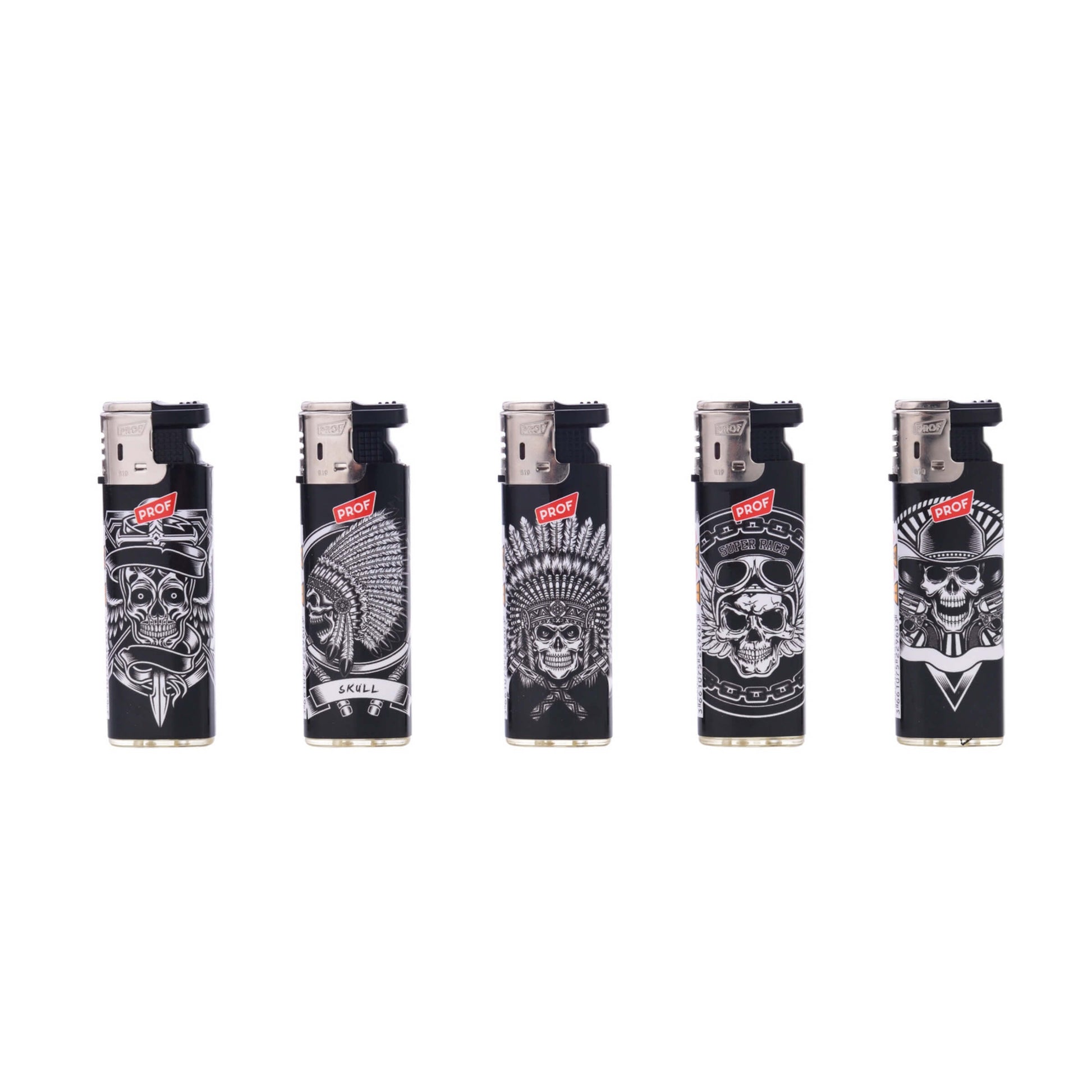 Espositore da 50 accendini Prof Turbo Skulls Family con grafiche teschi e fiamma turbo