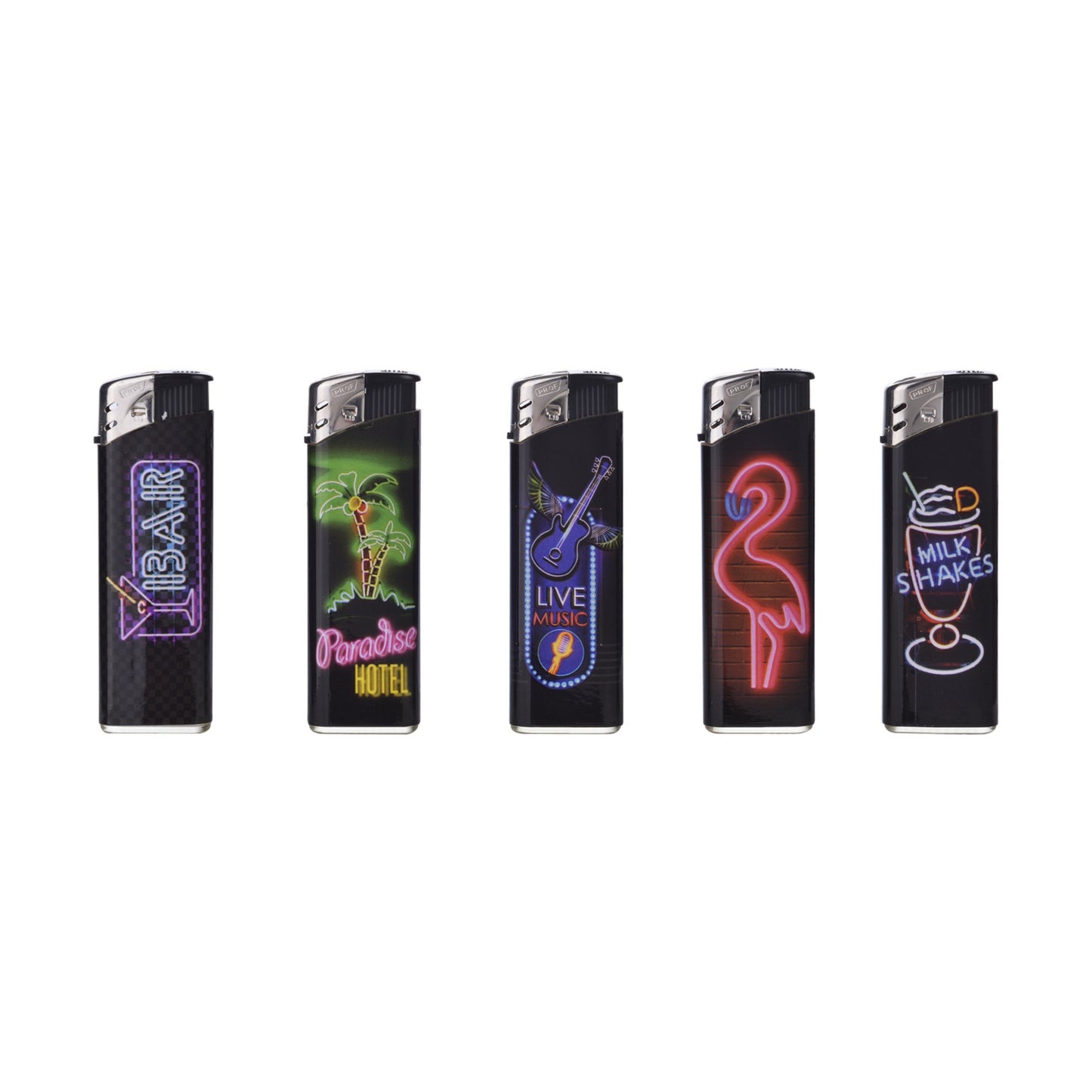 Espositore da 50 accendini Prof Piezo Neons con motivi luci al neon e formato compatto
