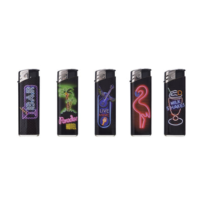 Espositore da 50 accendini Prof Piezo Neons con motivi luci al neon e formato compatto