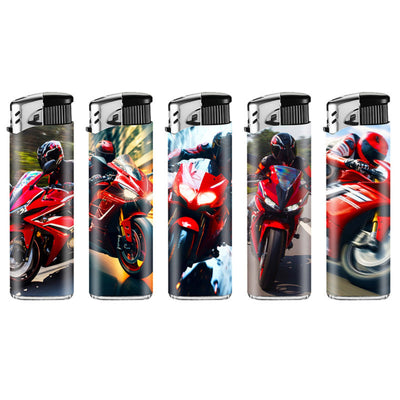 Lux Accendini Piezo Ricaricabili Motorbike 50pz con grafiche motociclette ad alto impatto