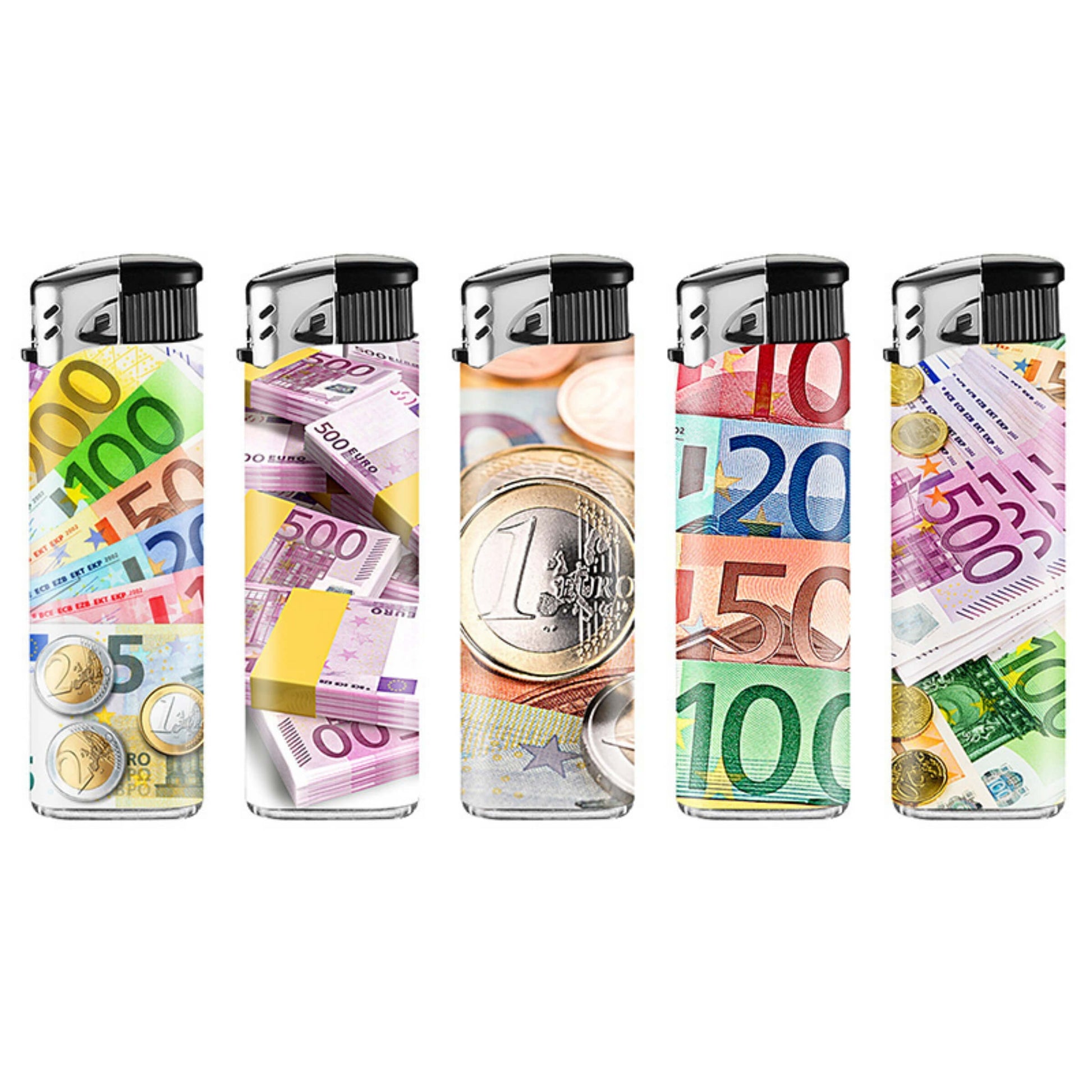 Lux Accendini Piezo Ricaricabili Euro 50pz con grafica a tema valuta europea