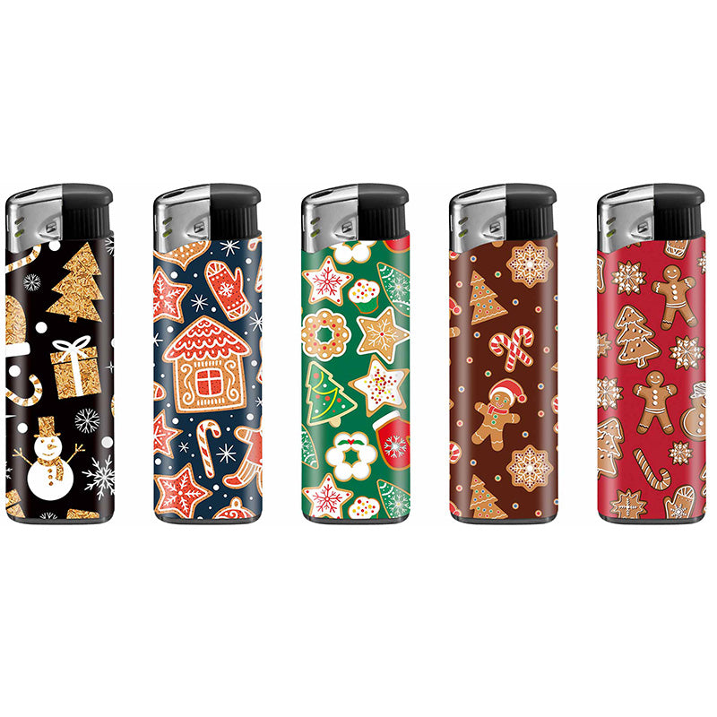 Espositore da 50 accendini Lux ricaricabili Christmas Design con grafiche natalizie eleganti
