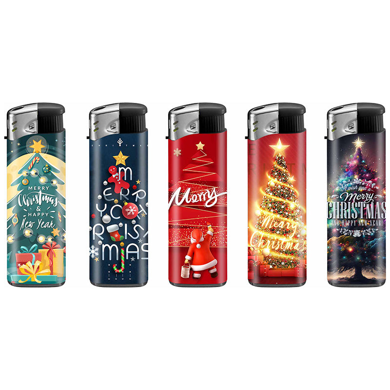 Espositore da 50 accendini Lux ricaricabili Merry Christmas con grafiche e decorazioni festive