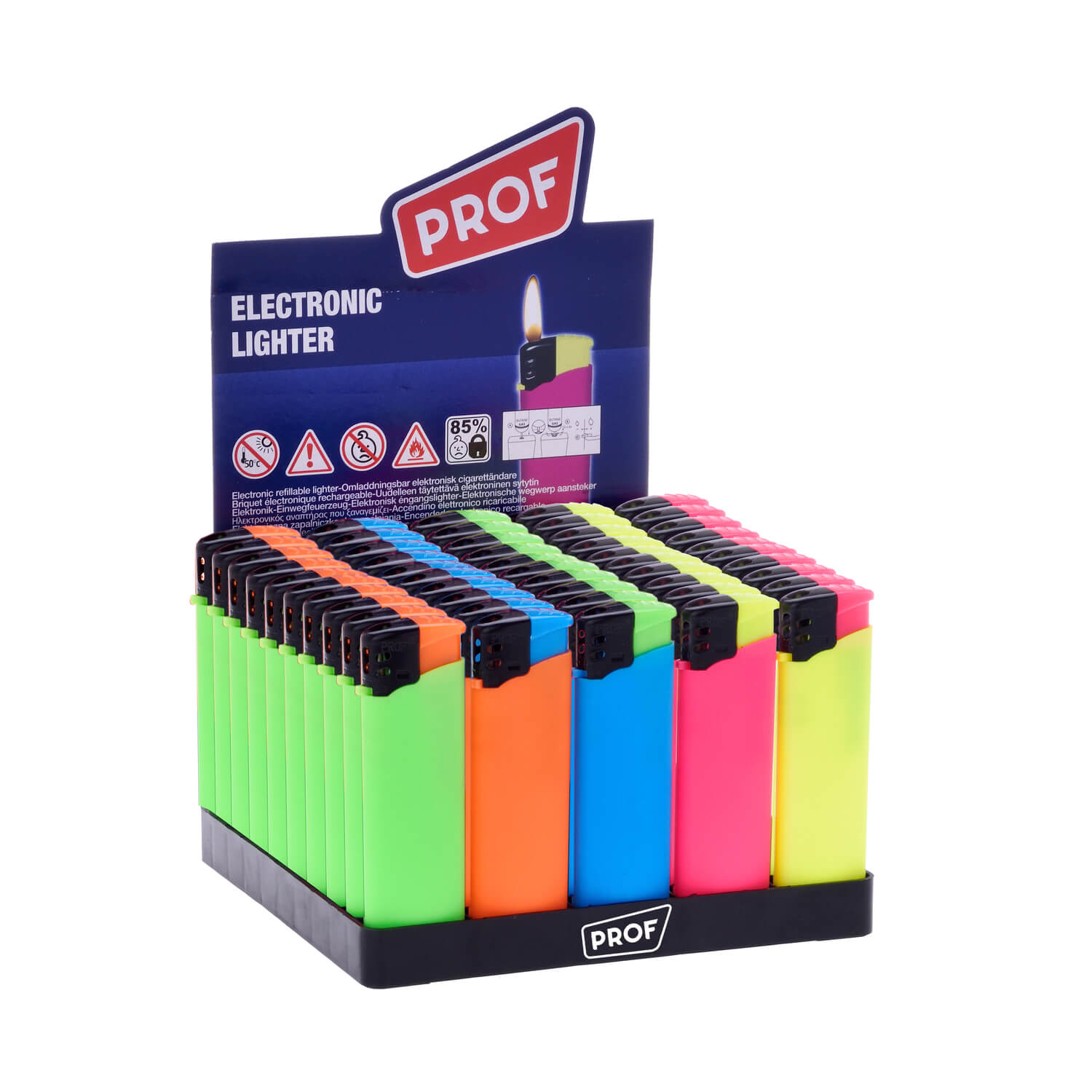 Espositore da 50 accendini Prof Bi Colors Rubber Touch con rivestimento gommato bicolore e piezo