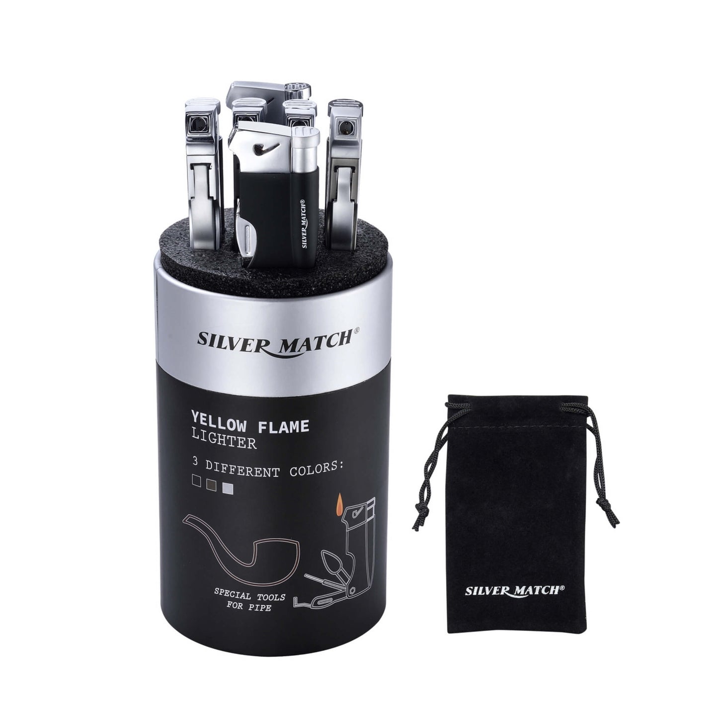 6 Accendini Jet Flame per Pipa Budapest con Utensili Integrati Silver Match