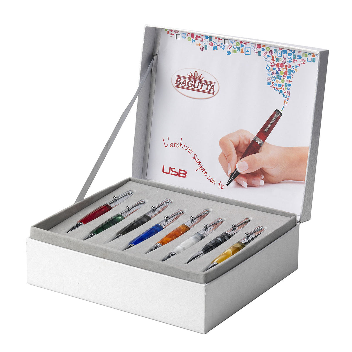 Bagutta Penne a Sfera Marmorizzate con Memoria USB 16 GB 14 cm, 8 pezzi