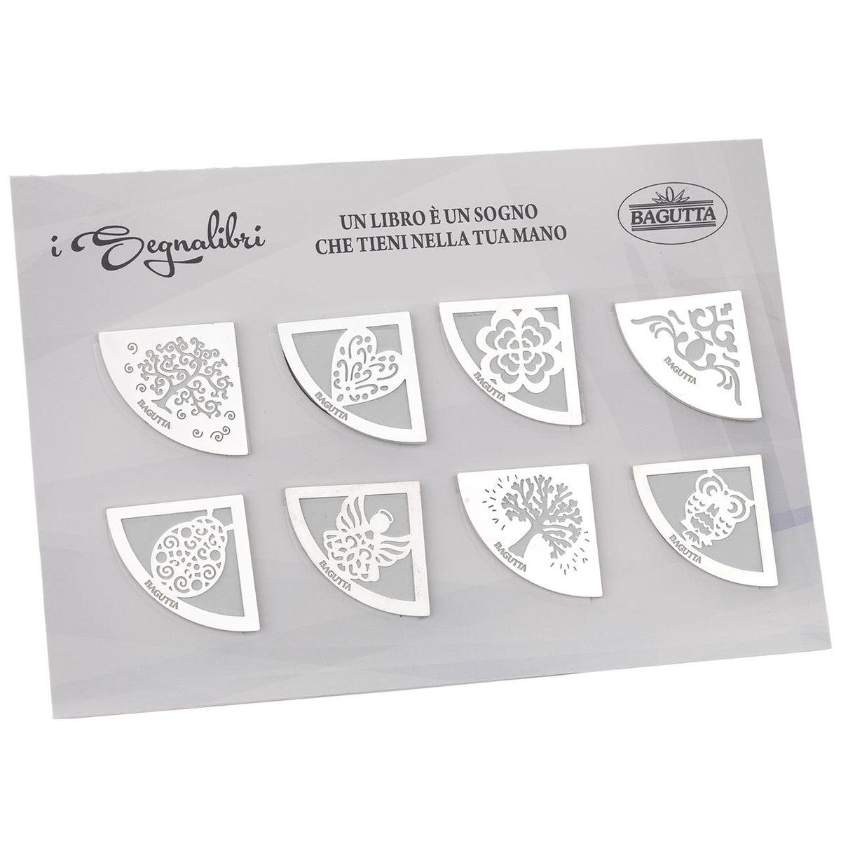Bagutta Segnalibri Angolari in Ecopelle Bianca Silver Plated 16 pezzi con Espositore