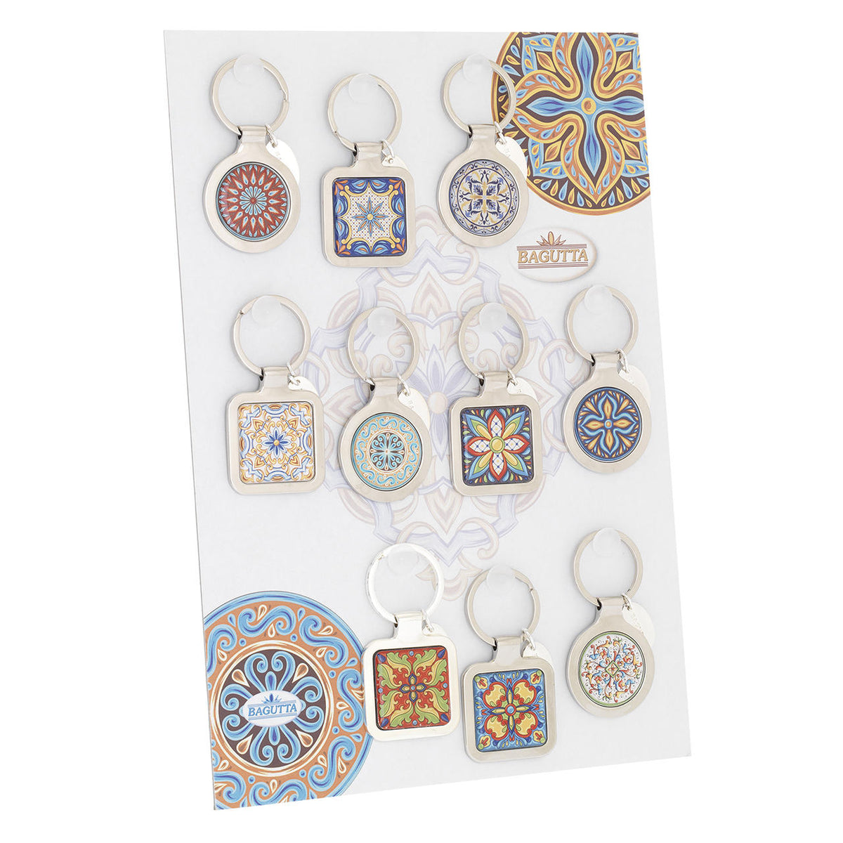 Bagutta Portachiavi Maiolica Quadrati e Tondi Assortiti 10 pezzi con Espositore
